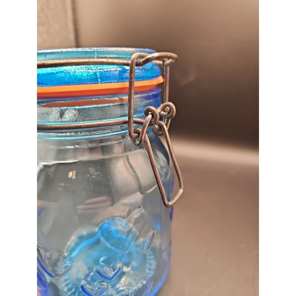 Vintage Blue Glass Storage Jar Hearts Crownford Giftware Corp  7 Tall